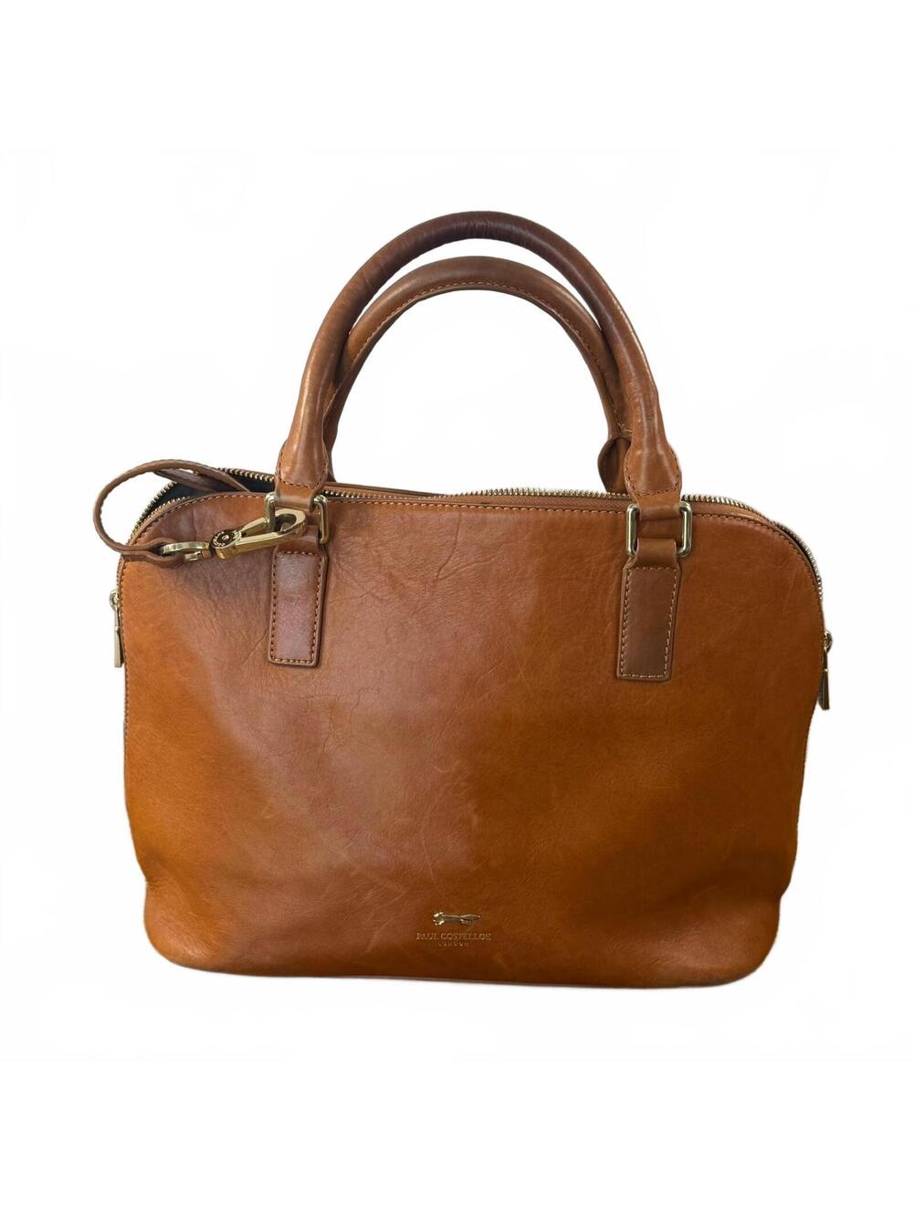 Paul Costelloe London Genuine Leather Tan Satchel Bowling Bag Gold Hardware